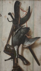 死んだアヒルと狩猟道具を使っただまし絵 作： Cornelius Norbertus Gijsbrechts