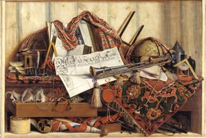 トランペット、天球儀、フリードリヒ 3 世の宣言によるだまし絵 作： Cornelius Norbertus Gijsbrechts