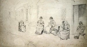 アイルランド、マーケット・ヒルの学校の外にいる子供たち 作： Cornelius Varley