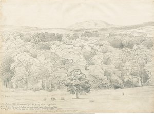 Wrottesley Hall-Malvern Hillsの眺め：鉛筆画、1820年 作： Cornelius Varley