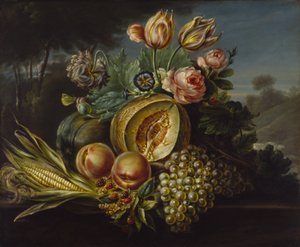 果物と花のある静物、1824年。 作： Cornelius de Beet