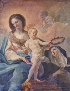 SSサルヴァトーレ教会、内部、ロザリオの祭壇、ロザリオの聖母、コッラード・ジアキント（1703-1766）のカンヴァス、詳細、プーリア州レッチェ、ポッジャルド（写真） 作： コラード・ジャキント