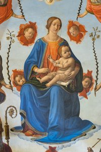 栄光の子を持つマドンナ、聖アンブローズ、アッシジの聖フランシスコ、父なる神と天使、祭壇画、詳細（フレスコ画） 作： Cosimo Rosselli