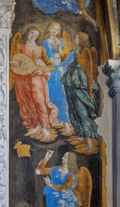 秘跡の奇跡」: 音楽を奏でる天使の詳細 (フレスコ画) 作： Cosimo Rosselli