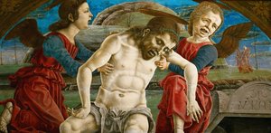 ルネサンス期：天使に囲まれたキリストの遺体（トゥラ、コジモ（1431年以前～1495年）、1465年頃木に油彩、44,4x86mm。ヴィエンヌの美術史博物館 作： Cosimo Tura