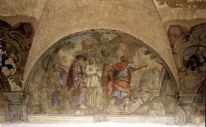 異端者を改心させる聖ドミニク」聖ドミニク回廊の「聖ドミニクの生涯」フレスコ画サイクルのリュネット、1698年頃（フレスコ画） 作： Cosimo Ulivelli