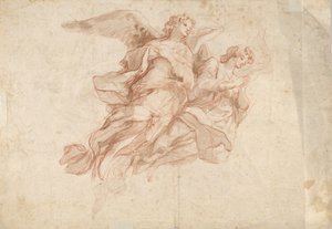 飛行する2人の天使、裏面：雲の中に座る父なる神と飛行する人物のスケッチ、c1720 作： Cosmas Damian Asam