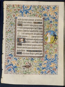 『時間の書』の葉っぱ：天使が悪魔の直腸と2人の悪魔を追うc。 1460。 作： Coëtivy Master