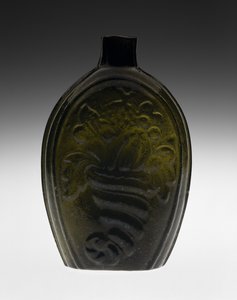 図柄入りフラスコ、おそらく1820年代（非鉛ガラス 作： Coventry Glass Works