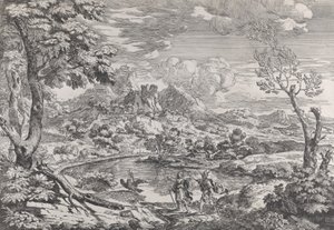 木星のワシであるマーキュリーを見せる男性のいる風景、カリフォルニア州。 1695-99。