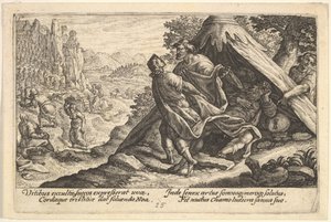 ノアの酩酊: セムとヤペテは、テントに横たわるノアの裸の体を覆います, ..., 1612. 作： Crispijn de Passe I