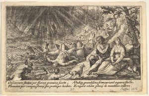 洪水の始まり: 男性と女性が右側の高台に登り、水が追い越されます..., 1612. 作： Crispijn de Passe I