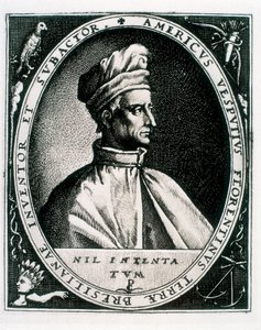 アメリゴ・ヴェスプッチの肖像、"Americus Vesputius Florentinus Terrae Bresilianae Inventoret Subactor "の碑文（エングレービング 作： Crispin I de (after) Passe