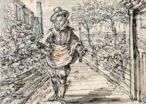 おしゃれをした若者が町のバラ園を散歩している（紙にペンと茶色のインク、茶色と灰色のウォッシュ）。 作： Crispin I de Passe