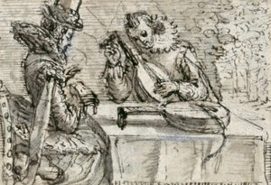 リュートを弾く青年（紙にペンとインク、茶色のウォッシュ 作： Crispin I de Passe