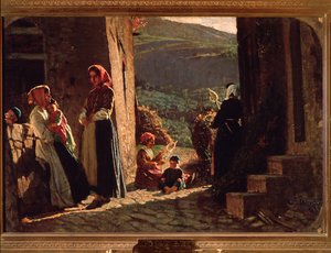 農民の集会 夕暮れ時の子供を連れた女性（油彩・キャンバス 作： Cristiano Banti