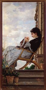 テラスで縫い物をする女性 作： Cristiano Banti
