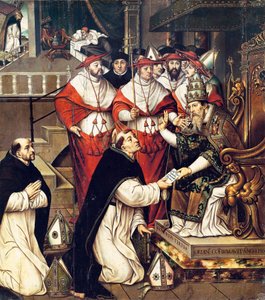 ホノリウス 3 世 (センシオ サヴェッリ、1216 年から 1227 年までローマ教皇) が聖ドミニク騎士団を承認。 クリストバル・ロレンスの絵画（1550～1616年頃） 作： Cristobal Llorens