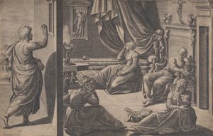 バーリの聖ニコラスと 3 人の貧しい少女、1587 年。 作： Cristofano Cartaro