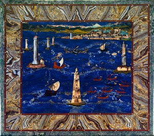 リヴォルノ港を表現したテーブル、1601-04年頃（宝石、木、エナメル） 作： Cristofano & Ligozzi Jacopo (1547 1626) Gaffurri