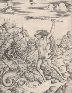 ヘラクレスとヒュドラー、彼は松明を振り回して、翼のある多頭のヒュドラーを攻撃します..., ca. 1500-1520。