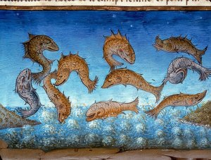 世界の終わり：魚は上を泳ぐ（c.147r）。 1476年 作： Cristoforo De Predis