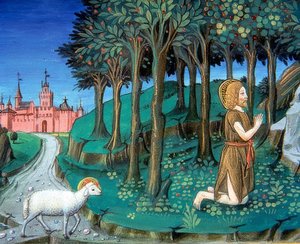 洗礼者ヨハネは、城門の外で祈っています（143節）。 1476年 作： Cristoforo De Predis