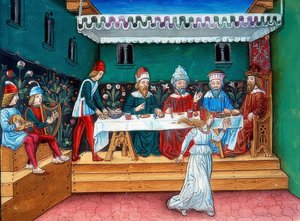 ヘロデのごちそうの間、サロメはヨハネの頭を譲ります（144r頃）。 1476年 作： Cristoforo De Predis