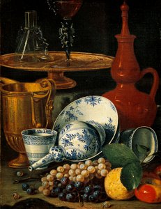 料理と果物のある静物（キャンバスに油彩） 作： Cristoforo Munari