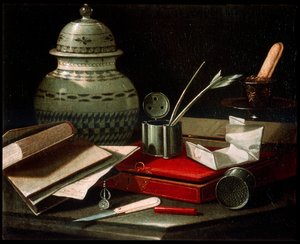 17世紀後半または18世紀初頭の筆記用具のある静物 作： Cristoforo Munari