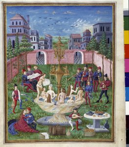 水星の影響：愛の園と青春の泉。クリストフォロ・デ・プレディス（v.1440-v.1486）が制作したミニチュア-デステの「デ・スパエラ」に収録。1470年頃。エステのビブリオテカ、モデネ。