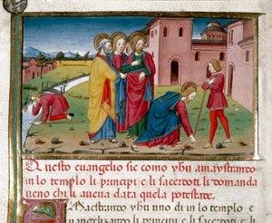 イエスが生まれつきの盲人に視力を与える クリストフォロ・デ・プレディス（1440-1486）による『新約聖書の歴史』の後のミニチュア（フォリオ7 作： Cristoforo De Predis