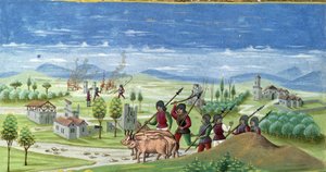 戦時中の略奪。「太陽の影響」の詳細：戦争。クリストフォロ・デ・プレディス（v.1440-v.1486）が製作したミニチュア-「De Sphaera」デステに掲載。1470年頃。モデネのBiblioteca Estense。 作： Cristoforo De Predis