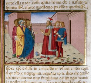 イエスを訪ねるパリサイ人ニコデマのミニチュア Cristoforo De Predis（1440-1486）による『新約聖書の歴史』の後（fol.58）。 作： Cristoforo De Predis