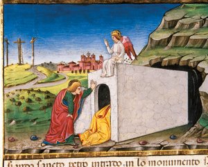 空のキリストの墓を発見する使徒ペテロとヨハネ（Leggendario Sforza-Savoiaより 作： Cristoforo De Predis