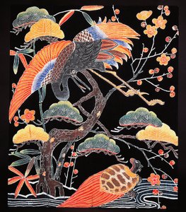 縁起の良いモチーフの着物生地の鶴と尾亀（鶴亀）のディテール、日本文明、江戸時代 作： Culture Edo