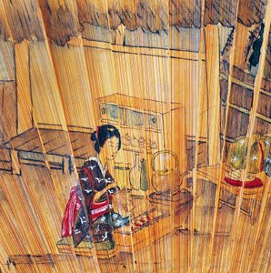 漆塗りの木製スラットと茶の準備を描いたガード付きの両面ファン 作： Culture Edo