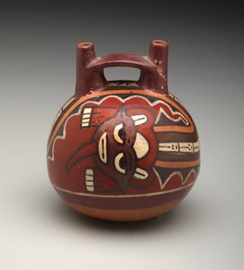 両口のボトル。Deity with Feline Head 作： Culture Nazca
