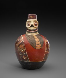 デスマスク付きフィギュアボトル、西暦600〜 1000年（スリップ付き陶器） 作： Culture Wari