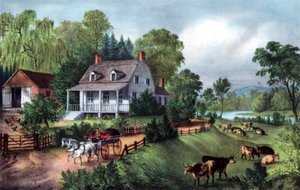1868年の夏のアメリカンホームステッド 作： Currier and Ives