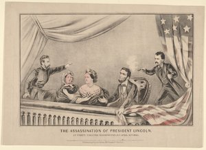 1865年4月14日、ワシントンDCのフォードシアターでのリンカーン大統領暗殺。 作： Currier and Ives