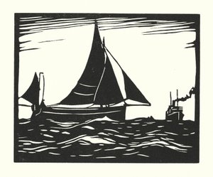 漁船とはしけプリマス・フッカー（木版画） 作： Cyril A. Wilkinson