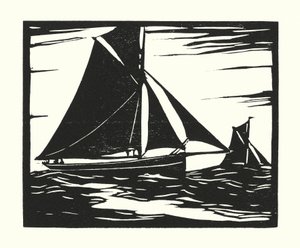 漁船とはしけプリマス・ロング・ブーマー（木版画） 作： Cyril A. Wilkinson