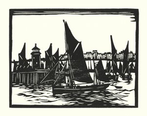 漁船とはしけラムズゲートのトロール船（木版画） 作： Cyril A. Wilkinson