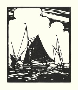 漁船とはしけウィツタブルの牡蠣船（木版画） 作： Cyril A. Wilkinson