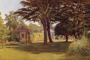 「ヒマラヤ スギが暗緑色の影の層を広げた」オズボーン コテージ (色リソ) 作： Cyril Ward