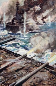 「ブロードサイドを発射する戦艦の艦隊」、「小屋で語られる：YMCAギフトブック」のイラスト、1916年発行 作： Cyrus Cuneo