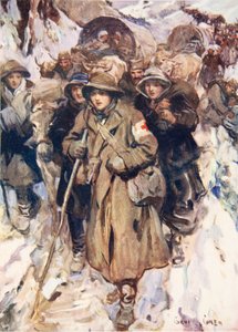 セルビア軍の退却時の勇敢な看護師たち（カラーリトグラフ