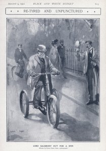 三輪車に乗るイギリス保守党の政治家・首相のソールズベリー卿（リトグラフ 作： Cyrus Cuneo