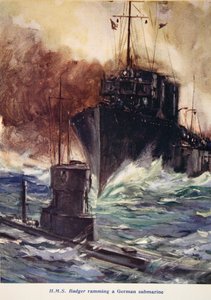 「ドイツの潜水艦に衝突するHMSバジャー」、「小屋で語られた：YMCAギフトブック」のイラスト、1916年発行